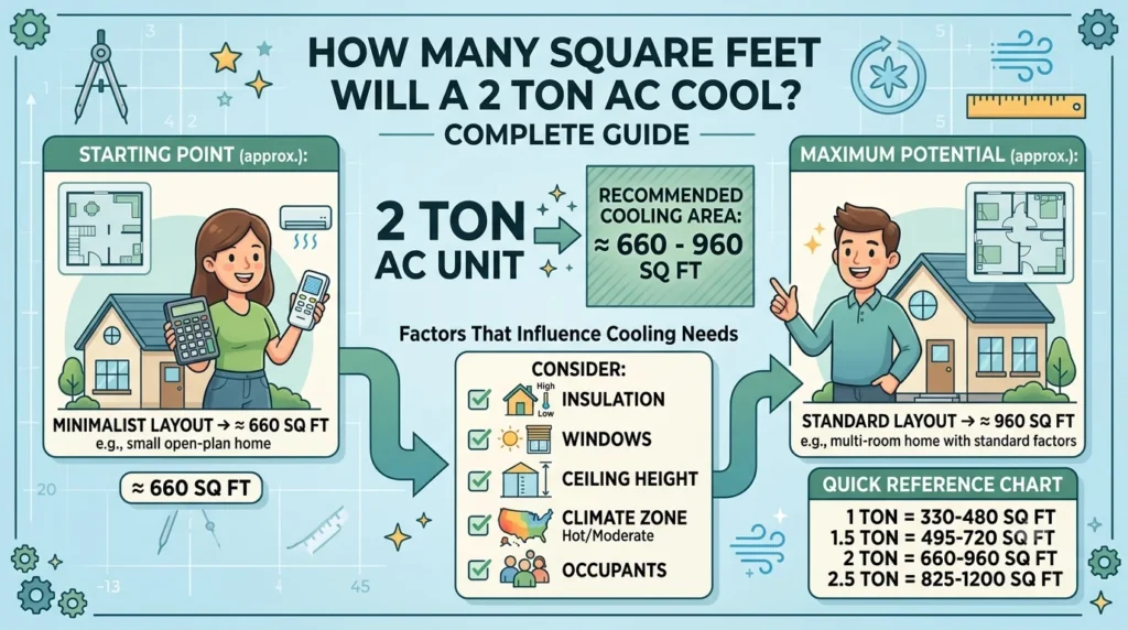 Infographic is showing that How Many Square Feet Will a 2 Ton AC Cool? Complete Guide