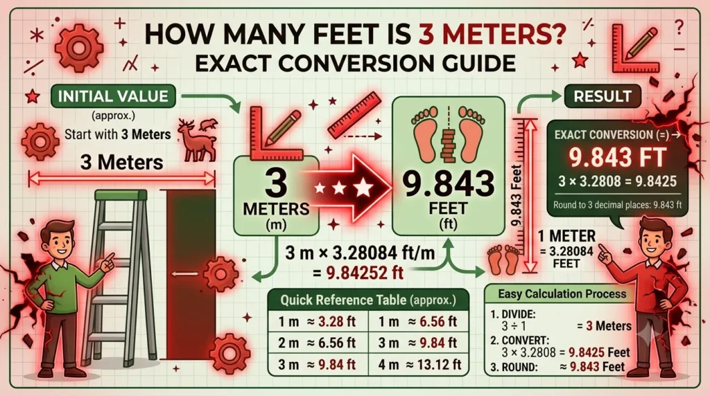 Infographic is showing that How Many Feet Is 3 Meter? Exact Conversion Guide