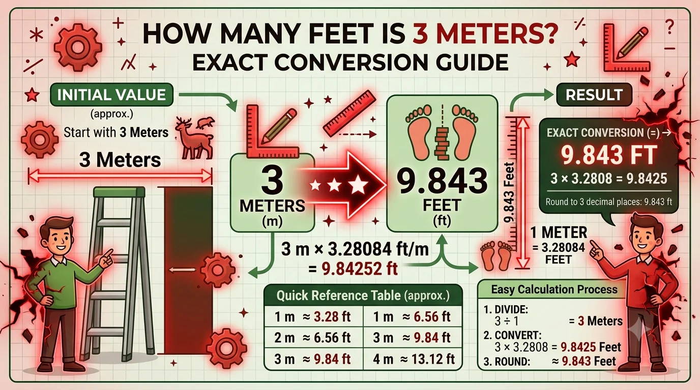 Infographic is showing that How Many Feet Is 3 Meter? Exact Conversion Guide