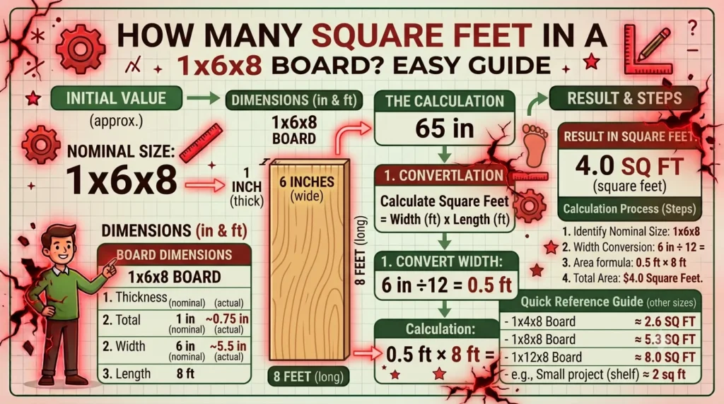 Infographic is showing that How Many Square Feet in a 1x6x8 Board? Easy Guide